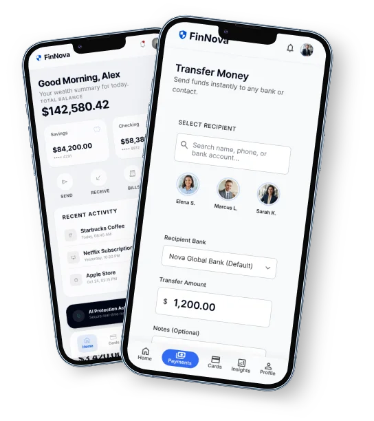 FinNova digital banking app screens on two phones