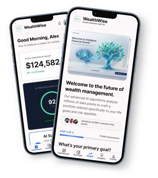 WealthWise AI investment app screens on phone