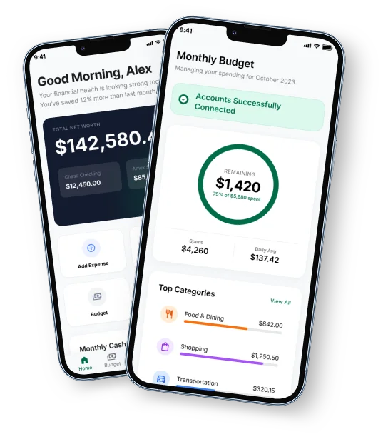 FinTrack personal finance app screens on phone