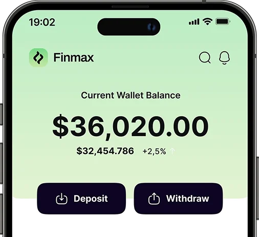 Finmax fintech app wallet balance screen on a smartphone