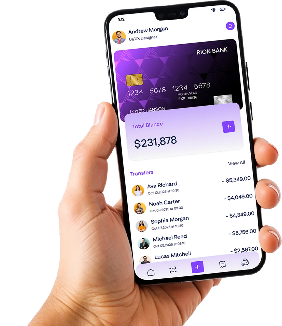 Hand holding a phone showing the RION Bank digital banking app