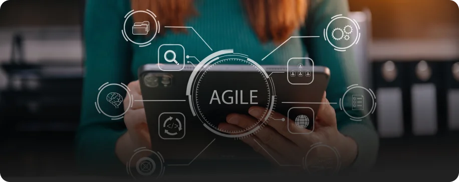 Team using an agile fintech app process on a tablet